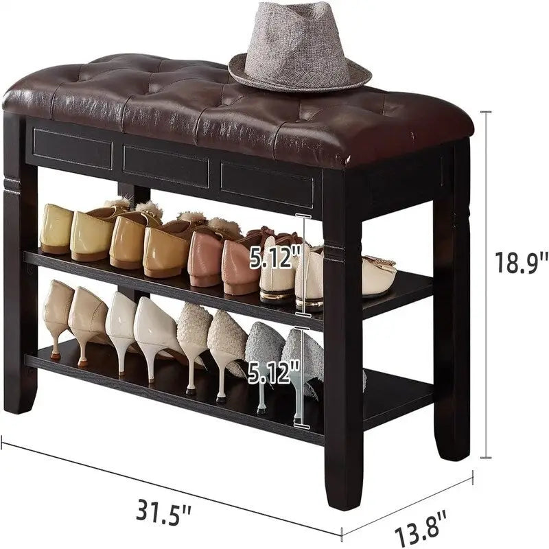Banc de rangement pour chaussures en bois d'hévéa marron/noir avec coussin, couvercle rabattable et étagère à 2 niveaux, simple
