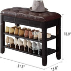 Banc de rangement pour chaussures en bois d'hévéa marron/noir avec coussin, couvercle rabattable et étagère à 2 niveaux, simple