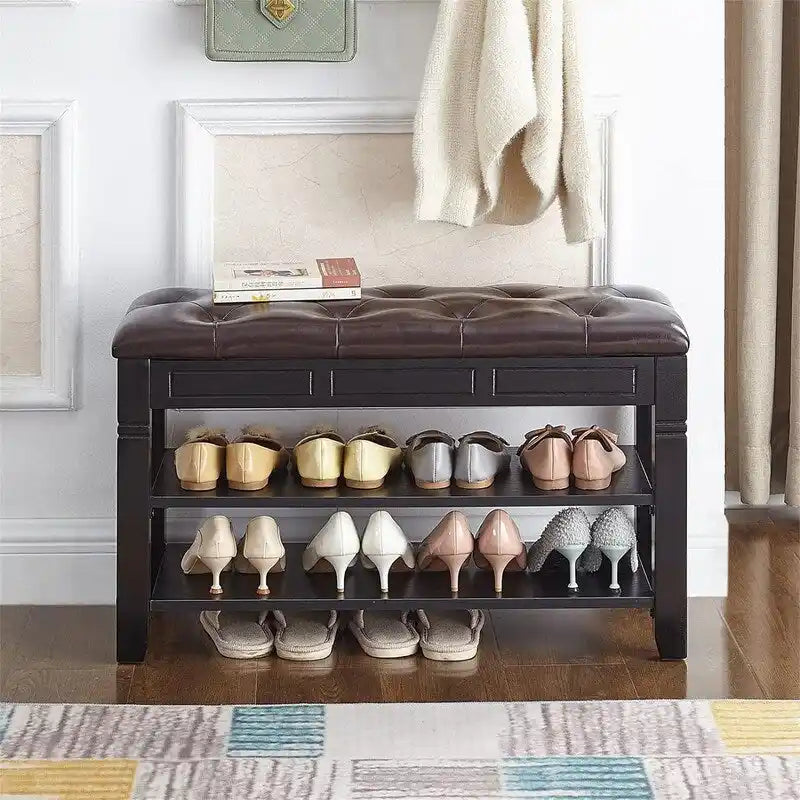 Banc de rangement pour chaussures en bois d'hévéa marron/noir avec coussin, couvercle rabattable et étagère à 2 niveaux, simple