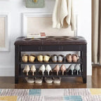 Banc de rangement pour chaussures en bois d'hévéa marron/noir avec coussin, couvercle rabattable et étagère à 2 niveaux, simple