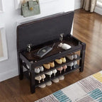 Banc de rangement pour chaussures en bois d'hévéa marron/noir avec coussin, couvercle rabattable et étagère à 2 niveaux, simple
