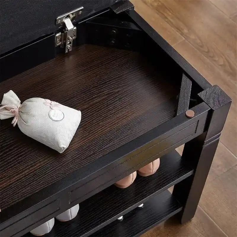 Banc de rangement pour chaussures en bois d'hévéa marron/noir avec coussin, couvercle rabattable et étagère à 2 niveaux, simple