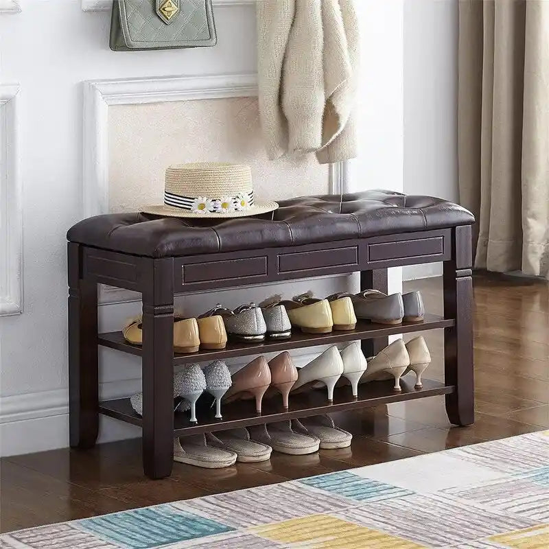Banc de rangement pour chaussures en bois d'hévéa marron/noir avec coussin, couvercle rabattable et étagère à 2 niveaux, simple