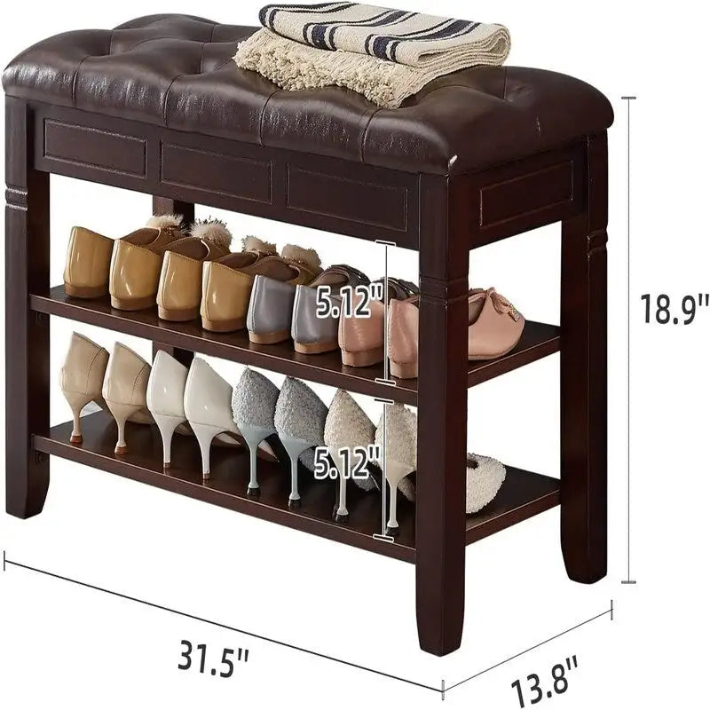 Banc de rangement pour chaussures en bois d'hévéa marron/noir avec coussin, couvercle rabattable et étagère à 2 niveaux, simple