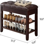 Banc de rangement pour chaussures en bois d'hévéa marron/noir avec coussin, couvercle rabattable et étagère à 2 niveaux, simple