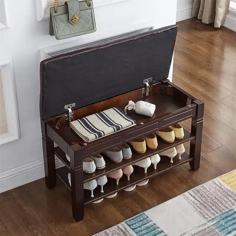 Banc de rangement pour chaussures en bois d'hévéa marron/noir avec coussin, couvercle rabattable et étagère à 2 niveaux, simple