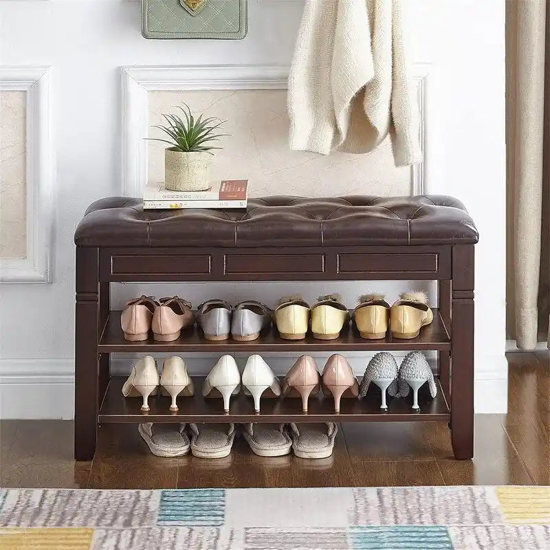 Banc de rangement pour chaussures en bois d'hévéa marron/noir avec coussin, couvercle rabattable et étagère à 2 niveaux, simple