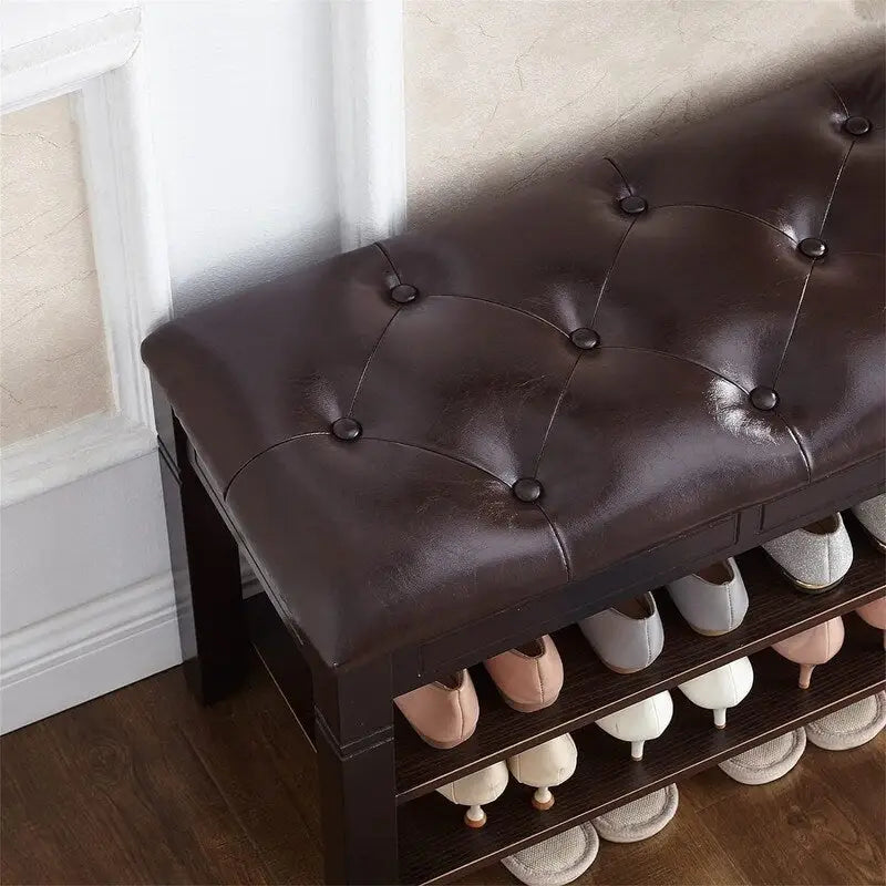 Banc de rangement pour chaussures en bois d'hévéa marron/noir avec coussin, couvercle rabattable et étagère à 2 niveaux, simple