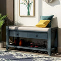 Banc de rangement d'entrée bleu/noyer avec coussin, 2 tiroirs et étagère à chaussures, 2 places
