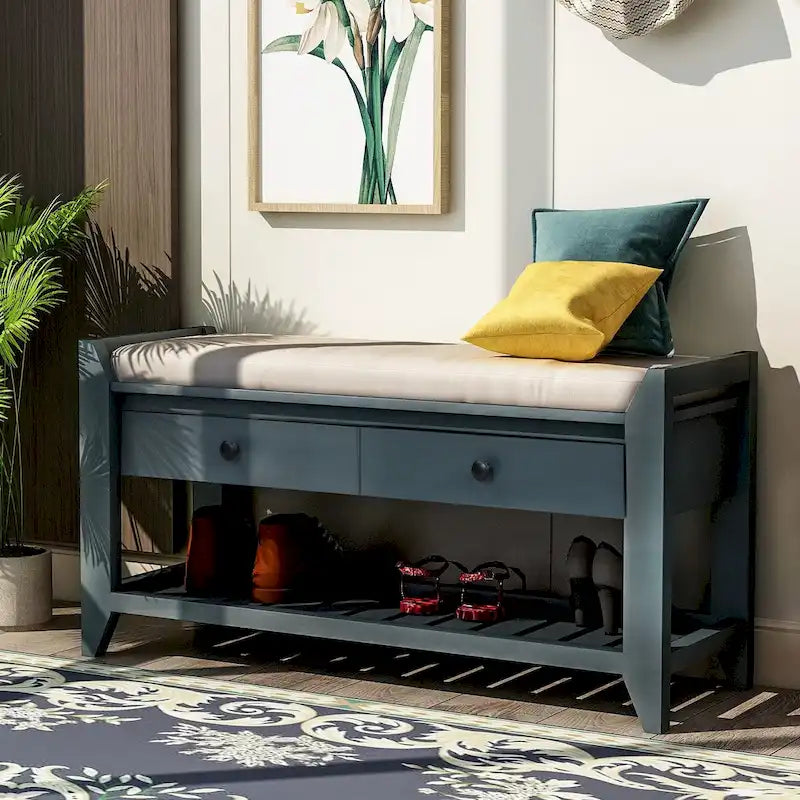 Banc de rangement d'entrée bleu/noyer avec coussin, 2 tiroirs et étagère à chaussures, 2 places