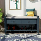 Banc de rangement d'entrée bleu/noyer avec coussin, 2 tiroirs et étagère à chaussures, 2 places