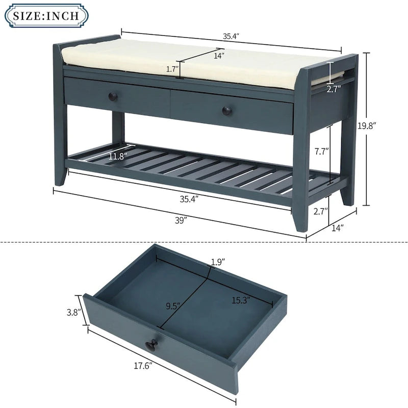 Banc de rangement d'entrée bleu/noyer avec coussin, 2 tiroirs et étagère à chaussures, 2 places