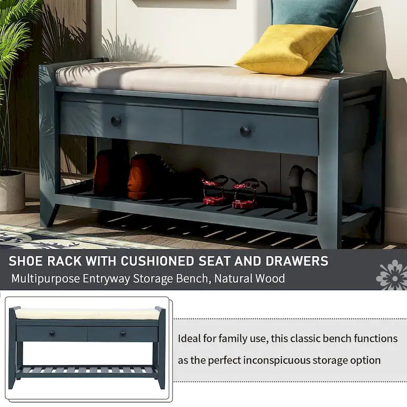 Banc de rangement d'entrée bleu/noyer avec coussin, 2 tiroirs et étagère à chaussures, 2 places