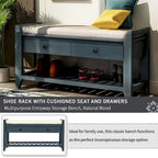 Banc de rangement d'entrée bleu/noyer avec coussin, 2 tiroirs et étagère à chaussures, 2 places