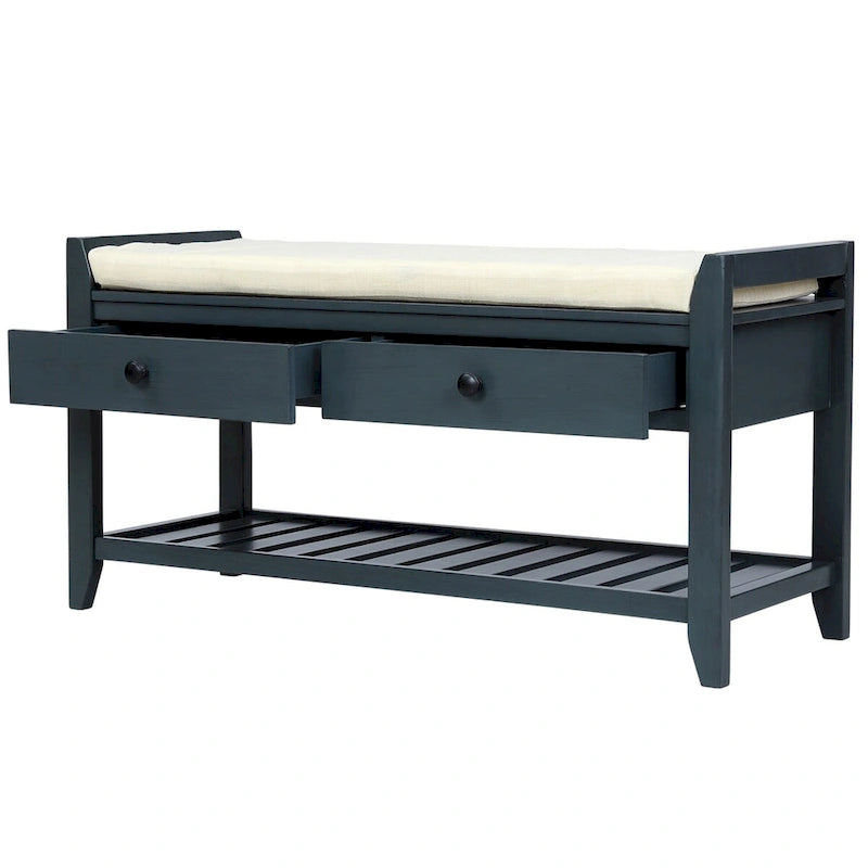 Banc de rangement d'entrée bleu/noyer avec coussin, 2 tiroirs et étagère à chaussures, 2 places