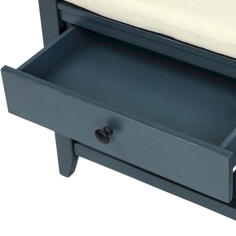 Banc de rangement d'entrée bleu/noyer avec coussin, 2 tiroirs et étagère à chaussures, 2 places