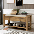 Banc de rangement d'entrée bleu/noyer avec coussin, 2 tiroirs et étagère à chaussures, 2 places