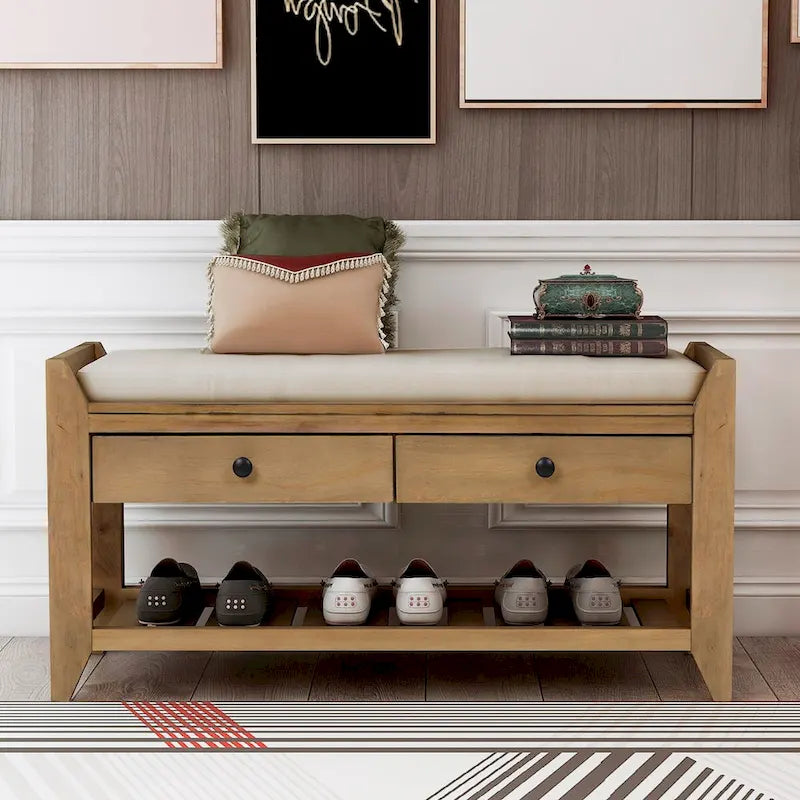 Banc de rangement d'entrée bleu/noyer avec coussin, 2 tiroirs et étagère à chaussures, 2 places