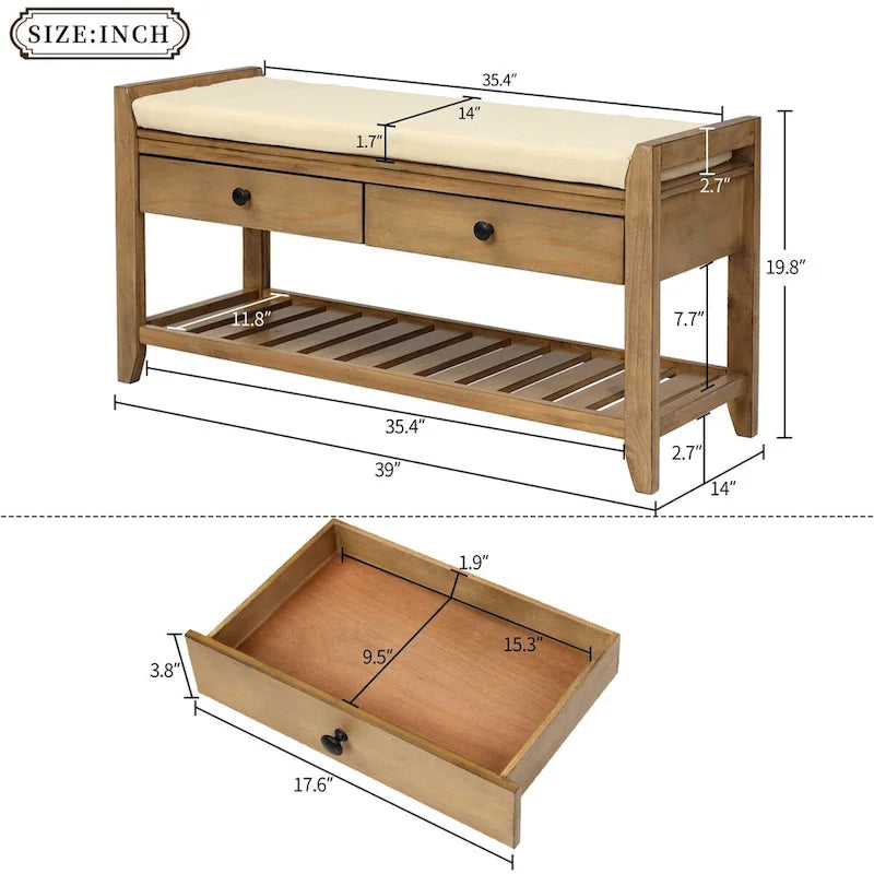 Banc de rangement d'entrée bleu/noyer avec coussin, 2 tiroirs et étagère à chaussures, 2 places