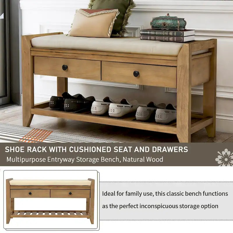Banc de rangement d'entrée bleu/noyer avec coussin, 2 tiroirs et étagère à chaussures, 2 places