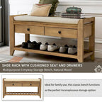 Banc de rangement d'entrée bleu/noyer avec coussin, 2 tiroirs et étagère à chaussures, 2 places