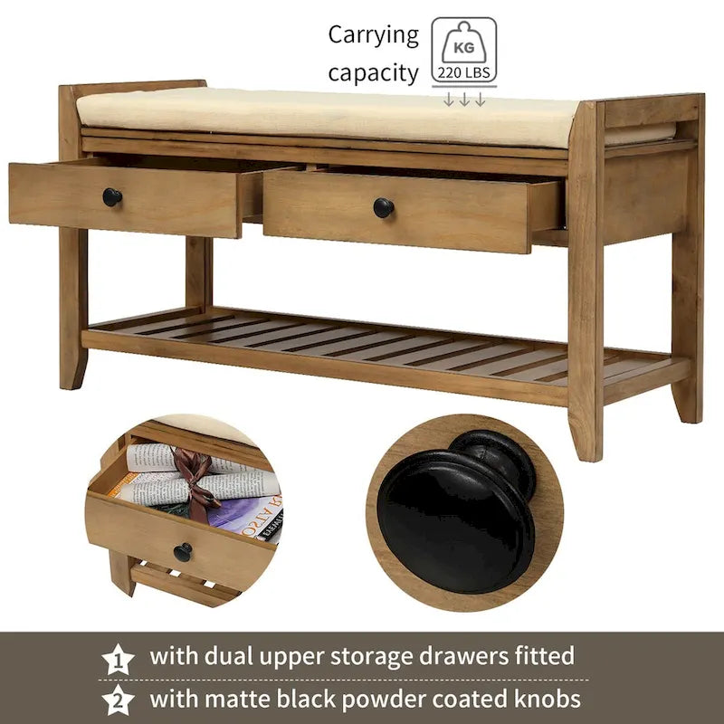 Banc de rangement d'entrée bleu/noyer avec coussin, 2 tiroirs et étagère à chaussures, 2 places