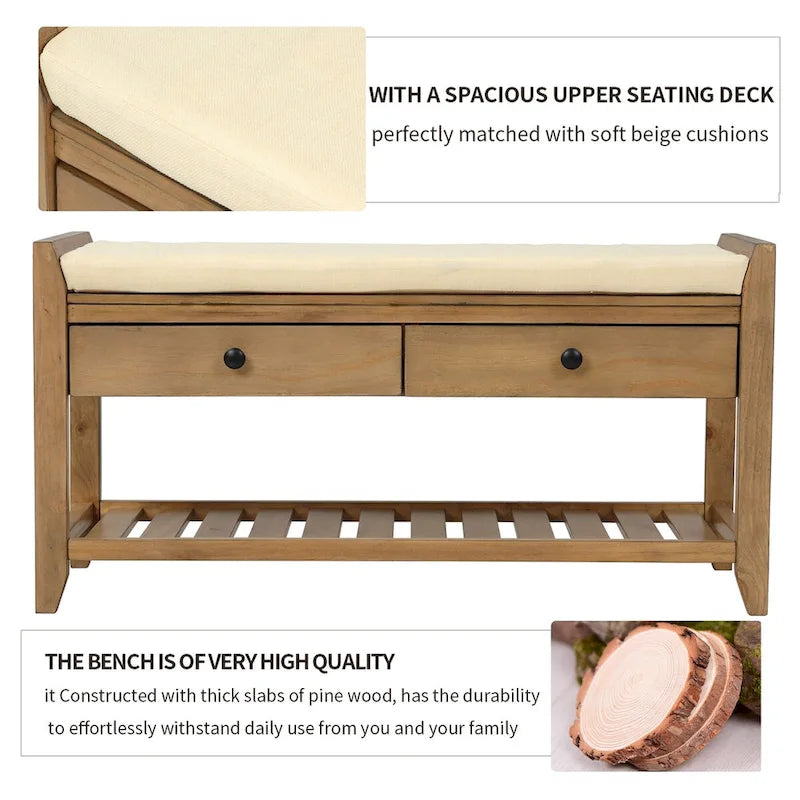 Banc de rangement d'entrée bleu/noyer avec coussin, 2 tiroirs et étagère à chaussures, 2 places