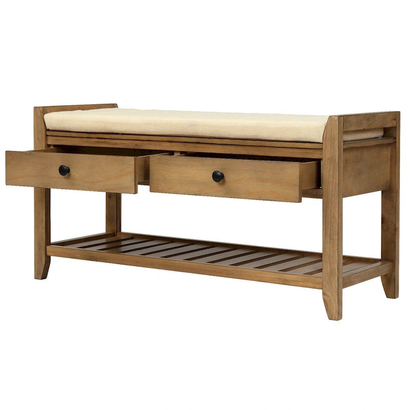 Banc de rangement d'entrée bleu/noyer avec coussin, 2 tiroirs et étagère à chaussures, 2 places