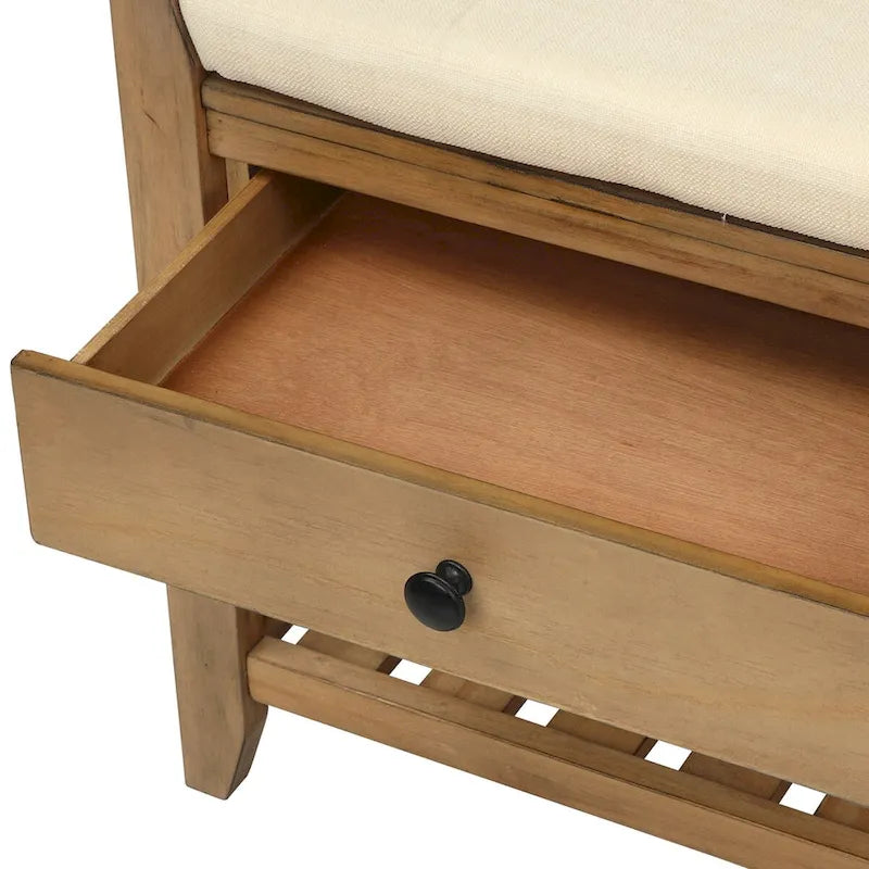 Banc de rangement d'entrée bleu/noyer avec coussin, 2 tiroirs et étagère à chaussures, 2 places