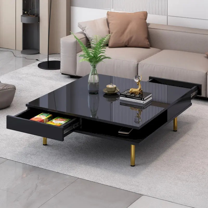 Table basse carrée à 2 tiroirs et 2 plateaux, moderne, laquée noire et blanche, avec pieds dorés