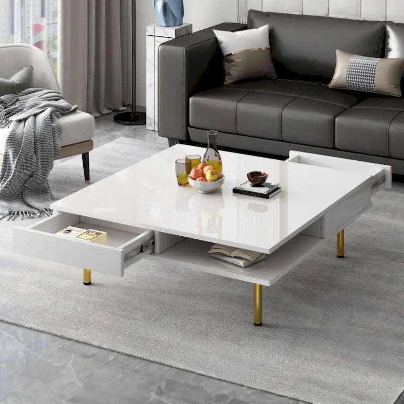 Table basse carrée à 2 tiroirs et 2 plateaux, moderne, laquée noire et blanche, avec pieds dorés