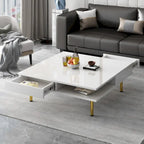 Table basse carrée à 2 tiroirs et 2 plateaux, moderne, laquée noire et blanche, avec pieds dorés
