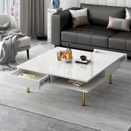 Table basse carrée à 2 tiroirs et 2 plateaux, moderne, laquée noire et blanche, avec pieds dorés