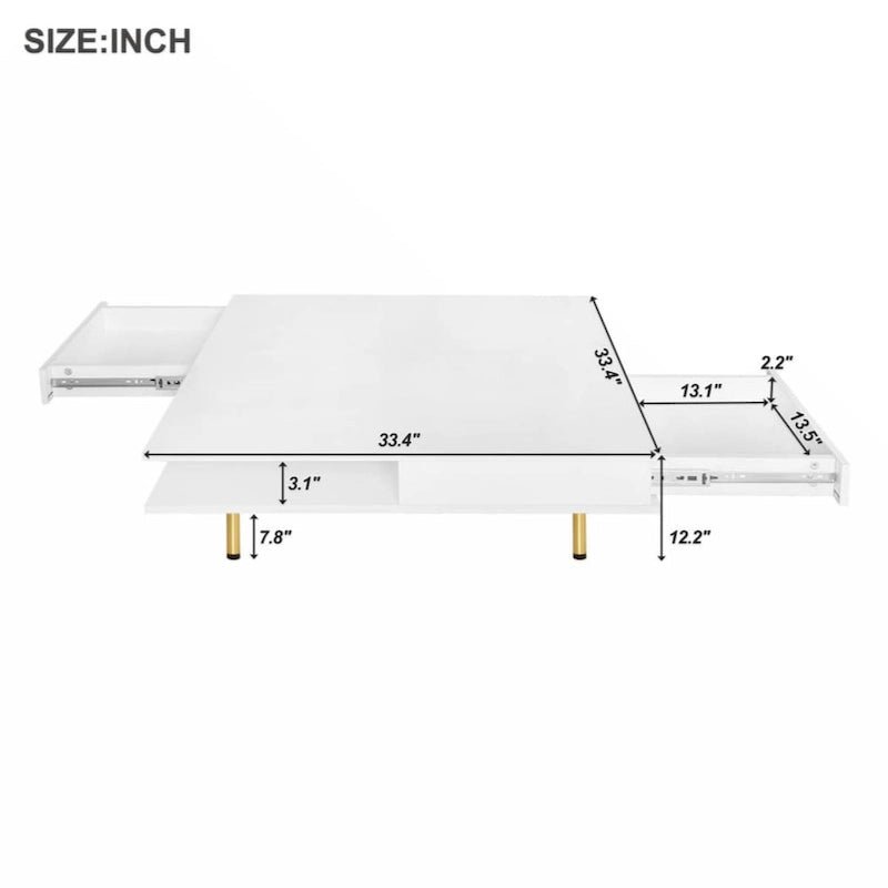 Table basse carrée à 2 tiroirs et 2 plateaux, moderne, laquée noire et blanche, avec pieds dorés