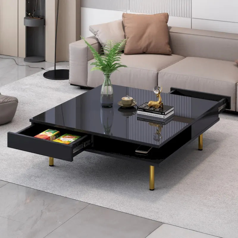 Table basse carrée à 2 tiroirs et 2 plateaux, moderne, laquée noire et blanche, avec pieds dorés