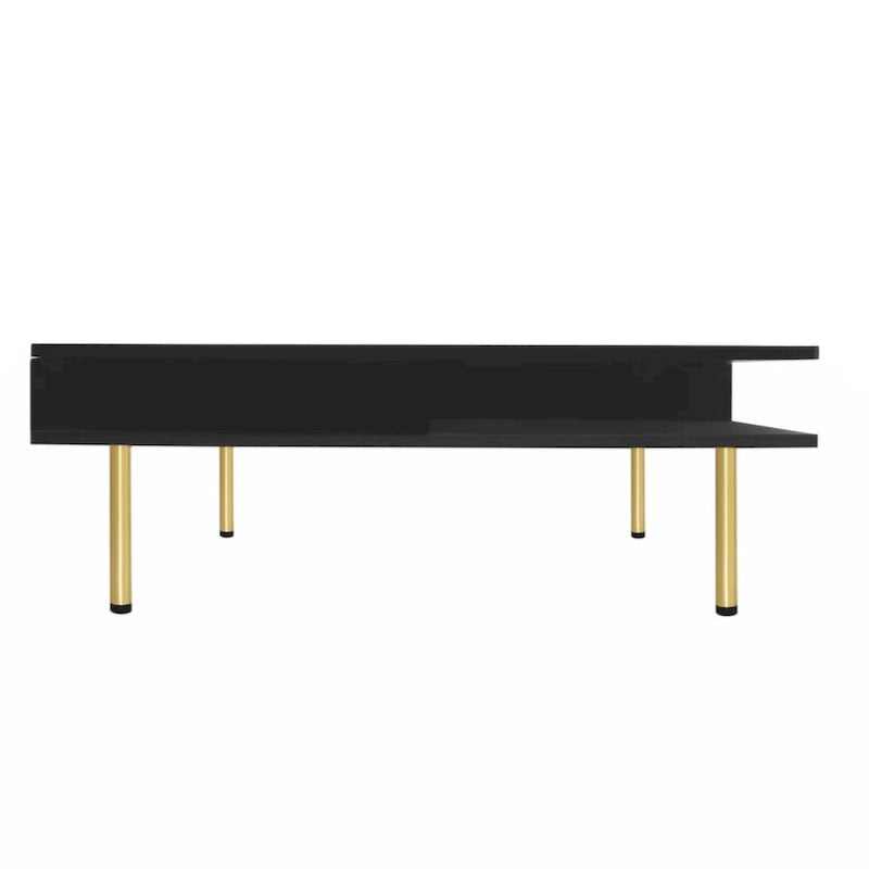 Table basse carrée à 2 tiroirs et 2 plateaux, moderne, laquée noire et blanche, avec pieds dorés