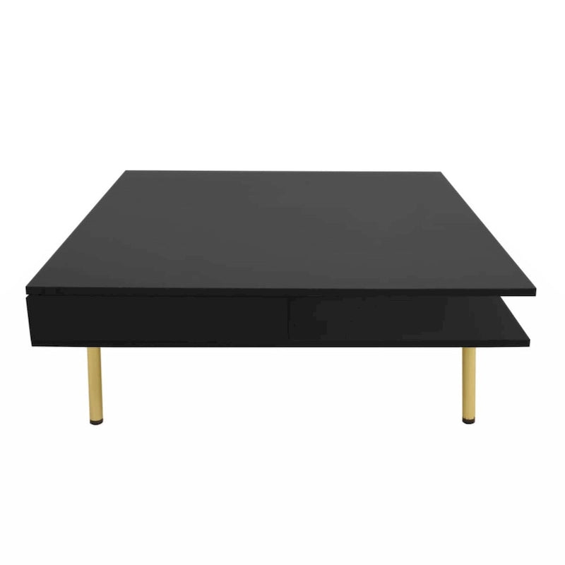 Table basse carrée à 2 tiroirs et 2 plateaux, moderne, laquée noire et blanche, avec pieds dorés
