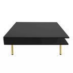Table basse carrée à 2 tiroirs et 2 plateaux, moderne, laquée noire et blanche, avec pieds dorés