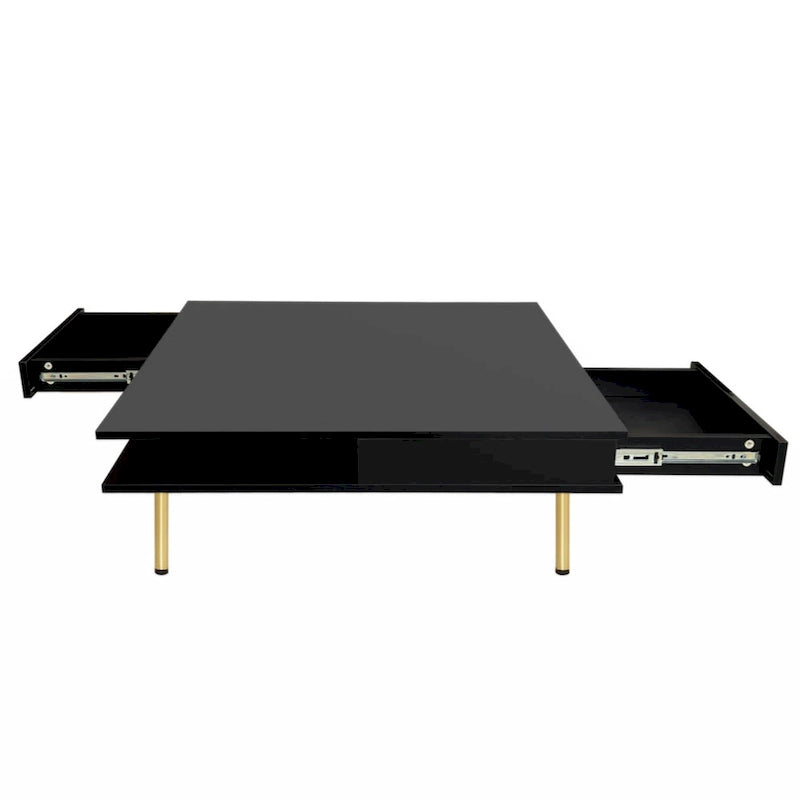 Table basse carrée à 2 tiroirs et 2 plateaux, moderne, laquée noire et blanche, avec pieds dorés
