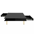 Table basse carrée à 2 tiroirs et 2 plateaux, moderne, laquée noire et blanche, avec pieds dorés