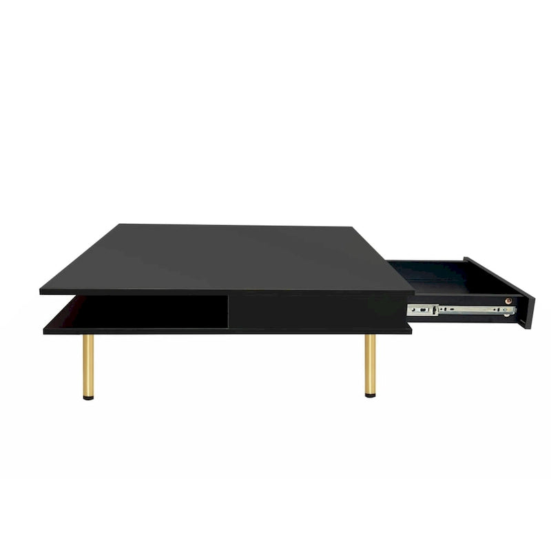 Table basse carrée à 2 tiroirs et 2 plateaux, moderne, laquée noire et blanche, avec pieds dorés