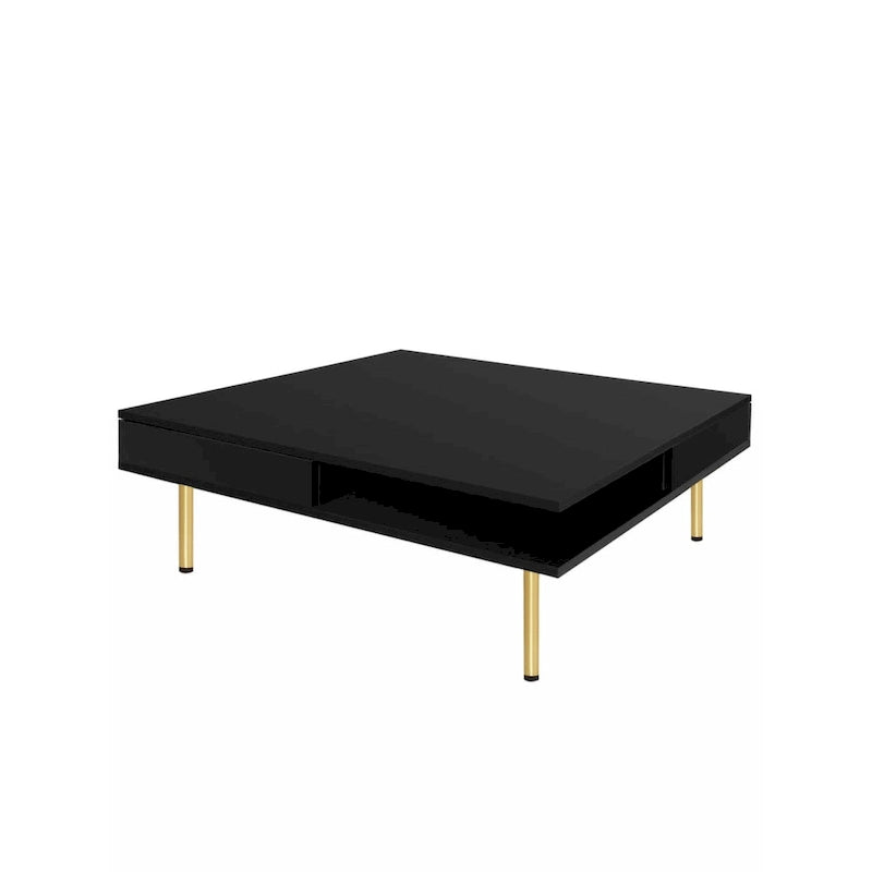 Table basse carrée à 2 tiroirs et 2 plateaux, moderne, laquée noire et blanche, avec pieds dorés