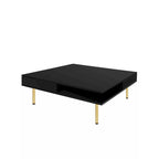 Table basse carrée à 2 tiroirs et 2 plateaux, moderne, laquée noire et blanche, avec pieds dorés