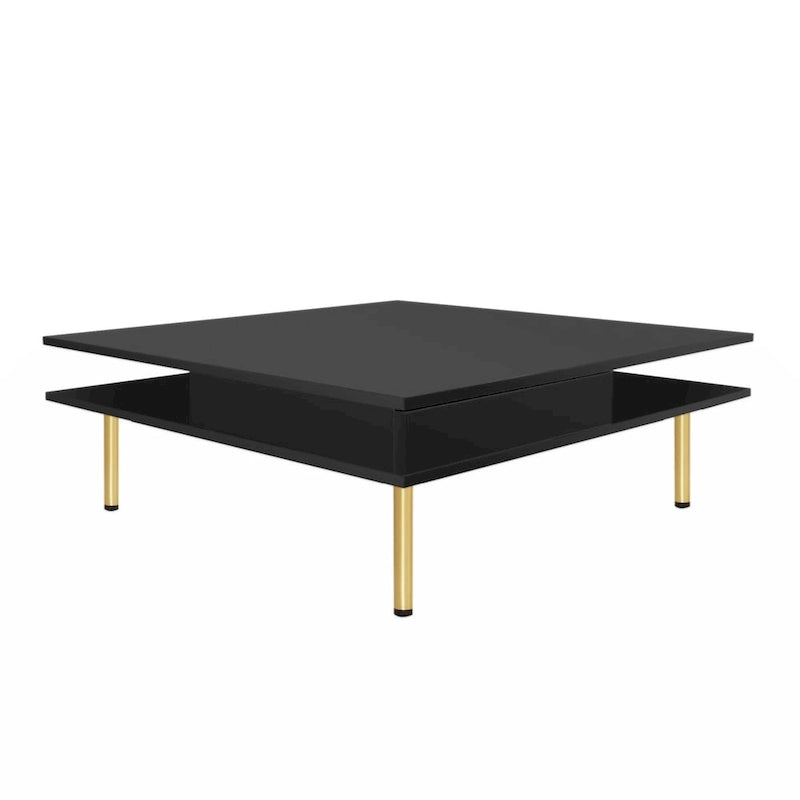 Table basse carrée à 2 tiroirs et 2 plateaux, moderne, laquée noire et blanche, avec pieds dorés