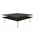 Table basse carrée à 2 tiroirs et 2 plateaux, moderne, laquée noire et blanche, avec pieds dorés