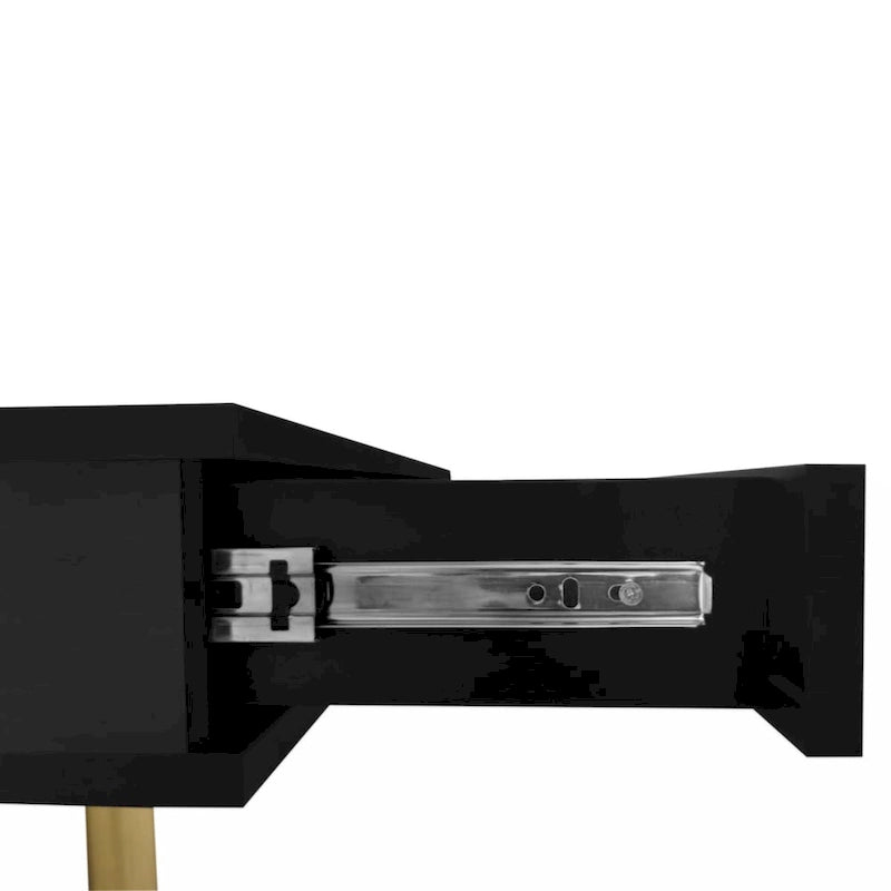 Table basse carrée à 2 tiroirs et 2 plateaux, moderne, laquée noire et blanche, avec pieds dorés