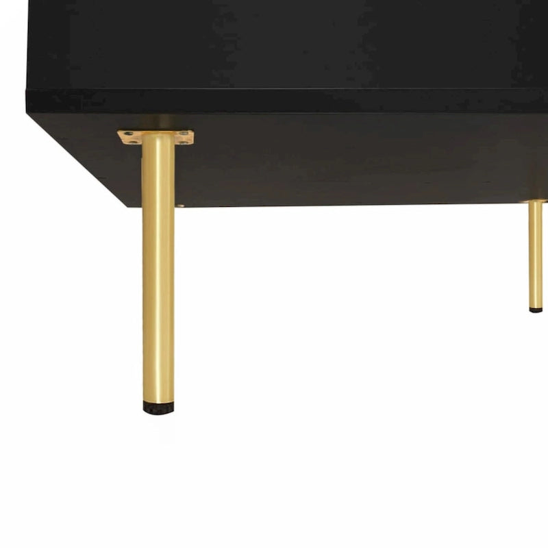 Table basse carrée à 2 tiroirs et 2 plateaux, moderne, laquée noire et blanche, avec pieds dorés