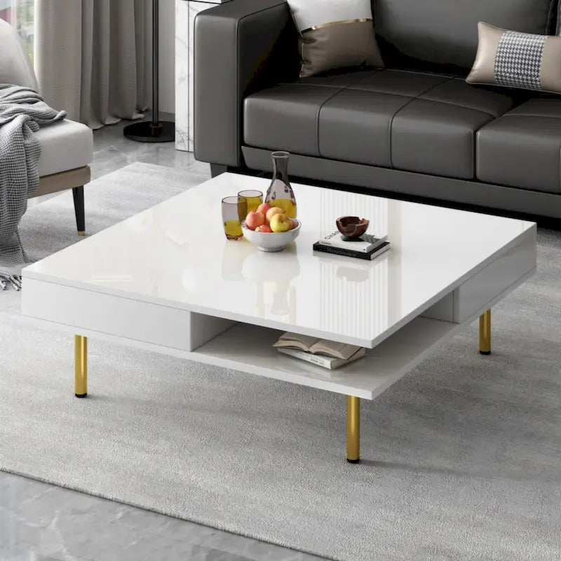 Table basse carrée à 2 tiroirs et 2 plateaux, moderne, laquée noire et blanche, avec pieds dorés