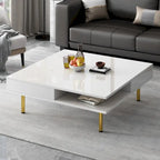 Table basse carrée à 2 tiroirs et 2 plateaux, moderne, laquée noire et blanche, avec pieds dorés