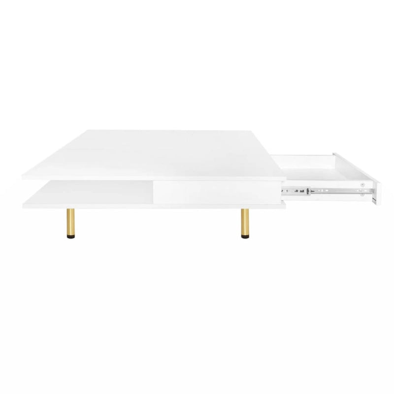 Table basse carrée à 2 tiroirs et 2 plateaux, moderne, laquée noire et blanche, avec pieds dorés